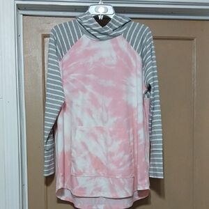 LuLaRoe Women's Pink Tie-Dye Hoodie with Gray Stripes